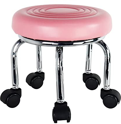 WKWKER Moderno Taburete rodante pequeño PU Asiento de Rodillos de Cuero 360 ° Giratorio con Ruedas giratorias universales para Masaje en el hogar jardín Oficina Taller de Taller, H: 30.5cm (Rosa)