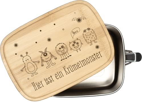 Tassenbrennerei Kinder Brotdose - Hier isst das Krümelmonster - 1000ml Edelstahl Box Bambusdeckel mit Gravur - Geschenk für Kinder - Jungen & Mädchen