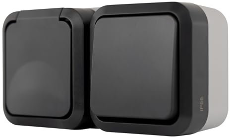 REV - AquaStorm, presa per ambienti umidi da parete con interruttore della luce, IP55, orizzontale, 230 V, 16 A, antracite