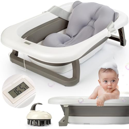 NIBLEAR Bañera Bebe Plegable con Termómetro y Cojín Ergonómico, Bañera Plegable Bebé Portátil con Esponja de Silicona, Segura y Compacta