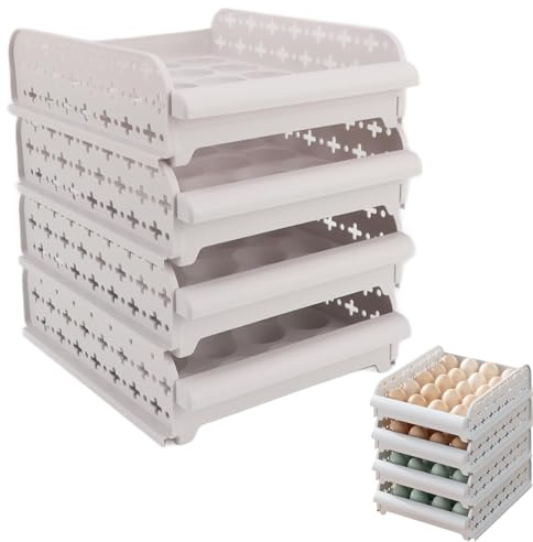VIFERR Portauova Frigorifero, 4 Strati Impilabile Contenitore per Uova 80 Griglie Porta Uova da Frigo Cestino per Trasporto delle Uova per Cucine Frigoriferi Picnic(Beige)