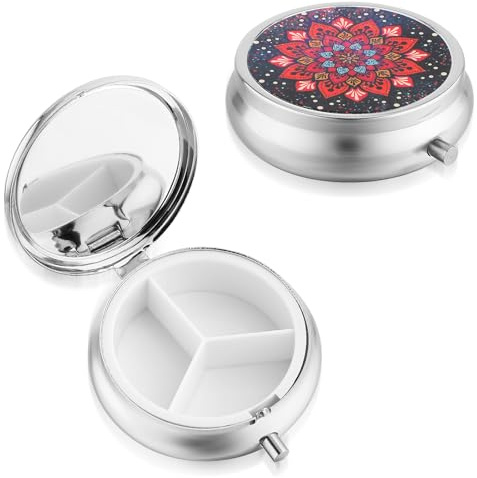 Sibba Medizin Pillendose 3 Fächer Tablettenbox Medizin-Vitamin-Behälter Medikamentenbox Unterwegs Metall Tragbare Pillenbox für Reise Pillen-Organizer Rund Tablettenspender Pillenbehälter (Rosa Stil)