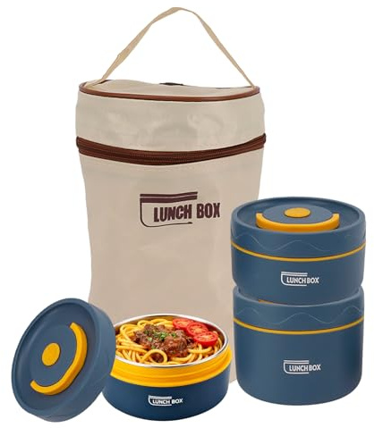 Food Thermo, Stainless Steel Double Layer Bento Box (Insulated-3Pcs) | Round Shape Insulated Lunch Food Jar with Bag Wide Mouth Lunch Container Thermal Food Flask for Work School Outdoor Dining