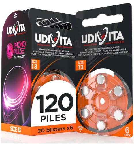 120 Hörgerätebatterien Udivita Größe 13 Phono Pulse Technologie - 20 Blister à 6 Batterien