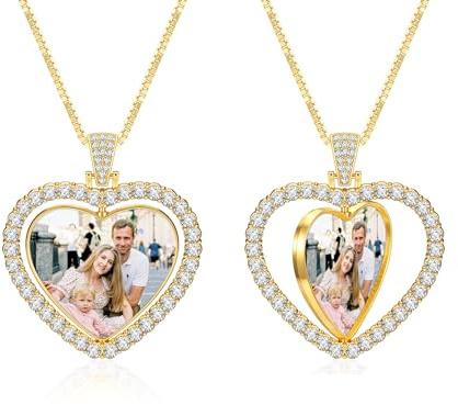 PiercingJak Charms Halskette beidseitig Foto Gravur Drehbar Rund Anhänger mit Strass 28 Kette Personalisierte Geschenke für Freundin Partner Familie, Silber/Gold