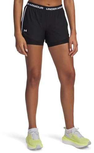 Under Armour Women's Tech Play Up 2in1 Shorts, Comfortable Dual Loose-Fit Compression Shorts for Women, Gym Shorts with Pockets Black/Black/White