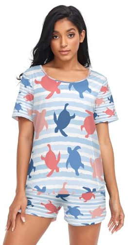 HMZXZ Damen Schlafanzug-Set Schildkröte Streifen Sommer Pyjama Woman Set,Meer Strand Loungewear und Shorts Lounge Set Sleepwear Nachtwäsche