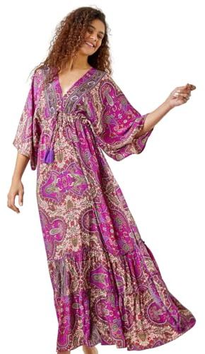 Roman Paisley Print Boho Maxi Dress for Women UK - Ladies Spring Everyday Summer Holiday V-Neckline Comfy Batwing Sleeves Soft Fit & Flare Frock Dinner Date Gowns Fuchsia