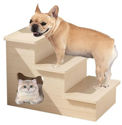 HEYOUTH Scale per Cani a 3 Gradini in Legno,Rampa per Cani con Grotta, Scala per cani di piccola taglia,altezza 60 cm,Scaletta per Divano Letto per Cuccioli Gatti e Animale Anziano