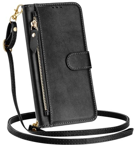 SLLMYYX Crossbody Wallet Case Kompatibel mit Honor Magic 5 Pro, Reißverschluss, PU-Leder, Handyhülle mit Kartenhalter, Flip-Cover (Schwarz)