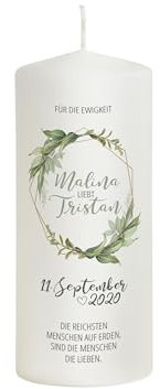 Liamoria® Hochzeitskerze Blätterkranz mit Namen, Datum und Spruch - Modell Für die Ewigkeit - Personalisierte Hochzeitsdekoration (20 x 8 cm)