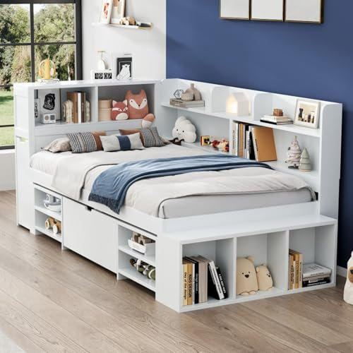 Merax Stylish Single Bed, 3FT Bed Frame with Drawers, Bookcase and Storage Cupboard, Multifunctional Wooden Single Bed Frame with Storage, Children's Bed, Slatted Frame, White, 90x190cm
