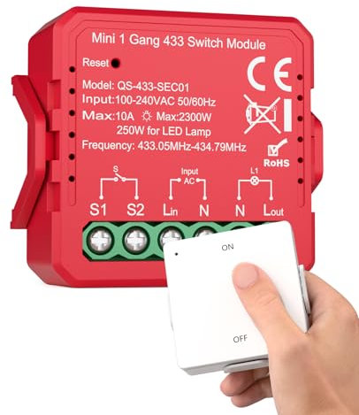 Funksender-Schalter Funk Lichtschalter 230 V, Funkschalter mit vorgelagertem RF-Sender Reichweite von 100 Metern, 433 Mhz Wireless Light Switch einfache Installation für Lampen