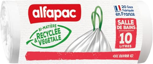 alfapac - 20 sacs-poubelle 10L à lien coulissant - salle de bains - fabriqués en France- bi-matière recyclée & végétale (Lot de 5)
