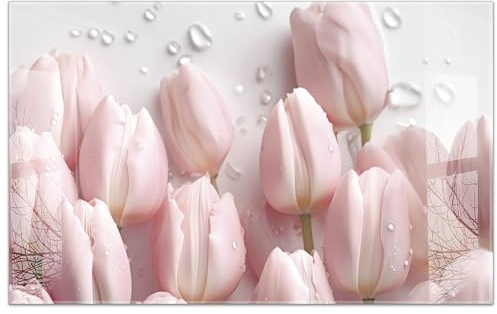 timalo Küchenbild aus Acrylglas modernes Wandbild Glasbild Deko Küche XXL Acryl-Bild wie Glas | 80x50cm Rosa Tulpen, Blumen