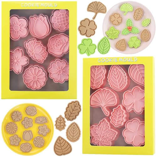 16Stück Ausstechformen Blumen Set,3D Blumen und Blätter Keksausstecher,Keks Ausstecher Stempel,Cookie Cutter für Backen DIY Fondant Schokoladen Tortendeko