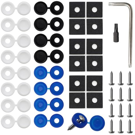 CATELL 42 Pcs Fissaggio Targa Con Tappi Di Copertura, Vite Di Fissaggio Della Targa Acciaio Inox 304 e Plastica Tappi Blu Bianco Nero Kit Viti Targa Auto con Viti Antifurto per Auto Moto Camion