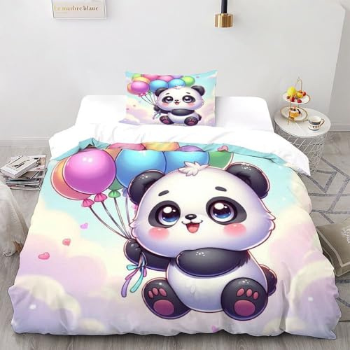 XIKMLSID Housse De Couette Ballon Panda Parure De Lit 1 Personnes 2 Pièces des Animaux Mignons Housse De Couette avec Taie d'oreiller 100% Coton Single（135x200cm）