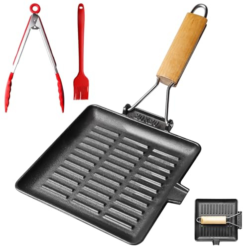 Poêle à steak en fonte - 20 x 20 cm - Avec poignée amovible - Avec clips alimentaires en silicone - Facile à nettoyer - Poêle carrée pour tous les types de plaques de cuisson - Noir