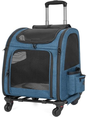 OUUTMEE Haustiertragetasche, abnehmbare Tragetasche mit Rädern, ideal für Katzen und kleine Hunde, Multifunktionaler Rucksack 4-Wege-Handtasche Atmungsaktiv (Blau)