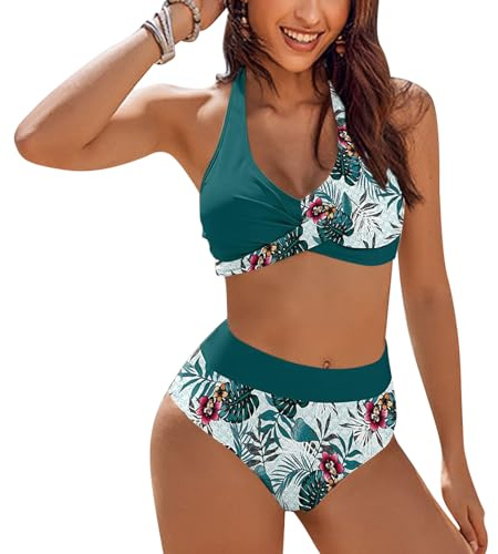 MLPKOI Maillots de Bain Femme 2 Pièces Gainant Ventre Plat Taille Haute Ensembles avec Attaches Bikini Set Push Up Col V Été Plage Vacances XL