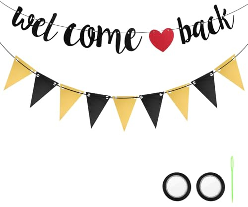 DOPENSPI Welcome Back Girlande mit Wimpel, Schwarz Willkommen Zurück Girlande Glitzer Welcome Home Deko Herzlich Willkommen Girlandes für Klassenzimmer Schule Saison Familie Partei Dekoration(Schwarz)
