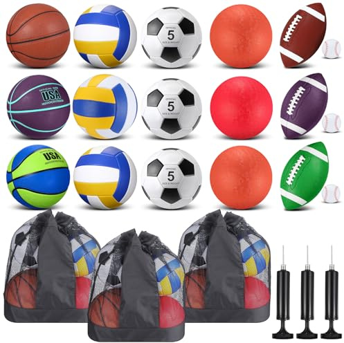 Leyndo 18 Pcs Sport Balls Bulk Set Basketball Football Volleyball Soccer Playground Baseball with Sport Equipment Bag Pump for Adults Gifts Outdoor Indoor(Green)