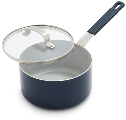 GreenPan x Bobby Flay 2.5QT Nonstick Saucepan with Glass Lid, PFAS-Free Diamond Ceramic, Induction Suitable, Stay-Cool Silicone Handle, Easy Clean Dishwasher & Oven Safe, Chef Pan, Oxford Blue