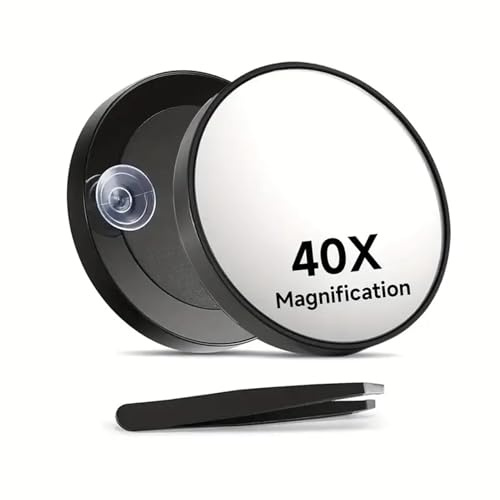 Miroir Grossissant 40X avec Ventouse et Pince à Épiler, Miroir de Poche 8,8 cm pour Maquillage de Précision, Épilation Sourcils, Idéal pour Seniors et Vision Floue, Miroir de Voyage Portable