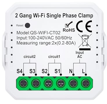 Tuya WiFi Smart Power Meter 2CH 80A - Energy Consumption & Solar PV Production Monitor, Current Transformer Clamp, Real-Time Power Tracking