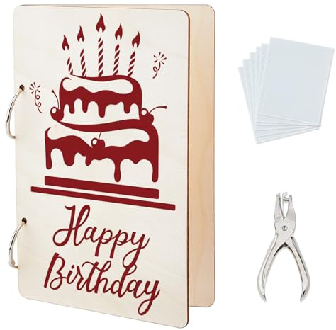SUPERDANT Album Organizzatore Per Biglietti Di Compleanno Torta Con Candele E Ciliegie Raccoglitore Per Cartoline Con Anelli In Legno 2 Anelli Album Per Foto Con Punzone E 20 Tasche