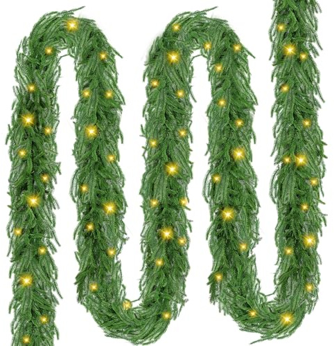 Ghirlanda di abete con illuminazione, 270 cm, con illuminazione, 4 m, 30 luci a LED calde – Ghirlanda di Natale, decorazione natalizia in rattan