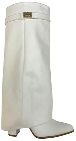 sole london LADIES Women's KNEE HIGH Fold Over Buckle Fashion Zip Pointed Block Heel Boots – Stylish Ruched Design – Comfortable Mid-Block Heel (4 INCH)– Faux Leather & Faux Suede_WHITE 6