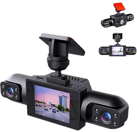 Système de caméra de Tableau de Bord de Voiture à Vue complète sans Fil, objectifs réglables à 360°, Vision Nocturne Infrarouge, Moniteur de stationnement, avec Carte de 64 Go(3 Lenses)