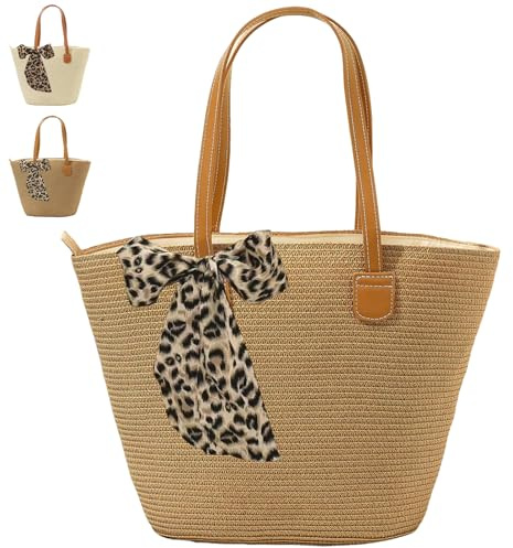 LUKIUP Halmväska, strandväska dam stor, läderhandtag och dragkedja, dam halmväska sommar för strand, resor, semester, shopping, kaki, 29 x 25 cm