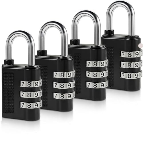 FunWorth 3-Digit Combination Padlock, 4 Pack Heavy Duty Resettable Lock | 4 resettable 3-digit outdoor lock, black, steel shackle. For lockers, luggage, toolboxes