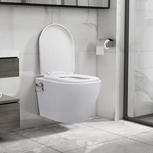 WC mural sans bord avec fonction bidet - Toilettes suspendues en céramique - Blanc - Buse de nettoyage intégrée - Fonction douche hygiénique - Pour rénovation de salle de bain - Entièrement