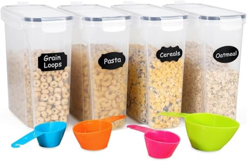 Vinsani 4 Pack Cereal Container Set Plastic Food Kitchen Storage Container Practical Airtight Lids Leak-Proof Cereal Dispenser Ideal for Cereal, Pasta, Sugar, Flour, Rice, Transparent