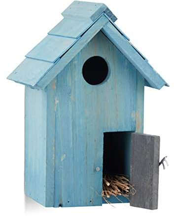 Relaxdays Nistkasten, Vogelhäuschen, Holz, Tür, aufhängen, kleines Flugloch, Singvögel, HBT: 24,3 x 17 x 12 cm, hellblau