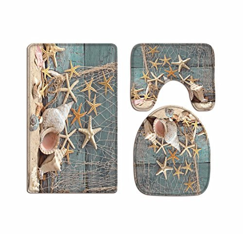 A.Monamour Badezimmer Badematte 3 Teilig Set Blau Holzboot Nautisch Dekor Marine Fischernetz Meer Sterne Und Muscheln Teppich Flanell Saugfähig Badteppiche Badvorleger Badgarnitur WC Vorleger