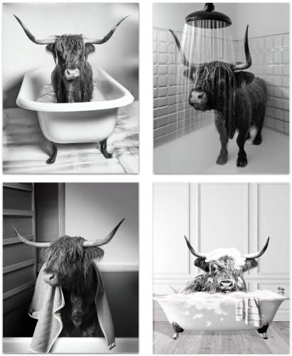 ENROR Badezimmer Bilder Set,4 Teilig Schwarz weiß Leinwand Kunstdrucke Kuh Bild, Moderne Lustige Toilette Poster,Ohne Rahmen (30x40cmx4)