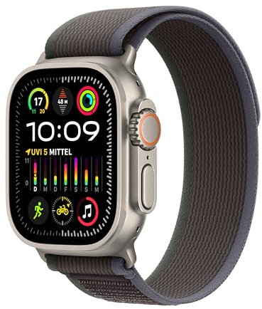 Apple Watch Ultra 2 (GPS + Cellular, 49 mm) Smartwatch mit robustem Titangehäuse und Trail Loop Armband (M/L) in Blau/Schwarz. Fitnesstracker, präzises GPS, extra Lange Batterielaufzeit, CO₂ neutral