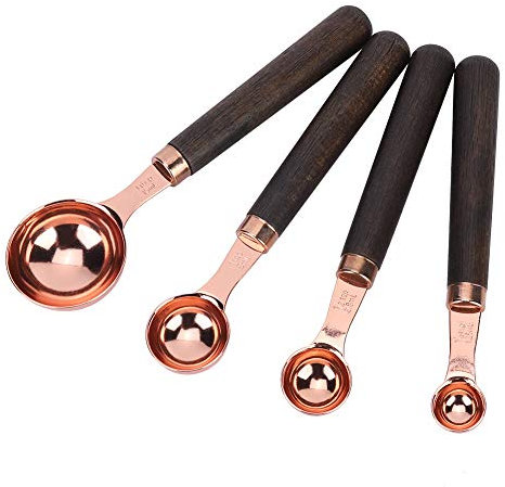 Rose Gold Measuring Spoon Set with Wood Handle, Stainless Steel, Clear Scale, Ergonomic Design, Bakeware
