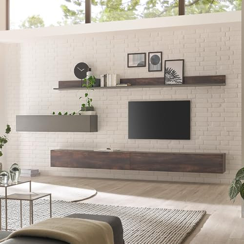 Lomadox Wohnwand Wohnmöbel Set braun mit anthrazit 5-teilig Modern, 2 Wandboard, 3 Hängeschränke