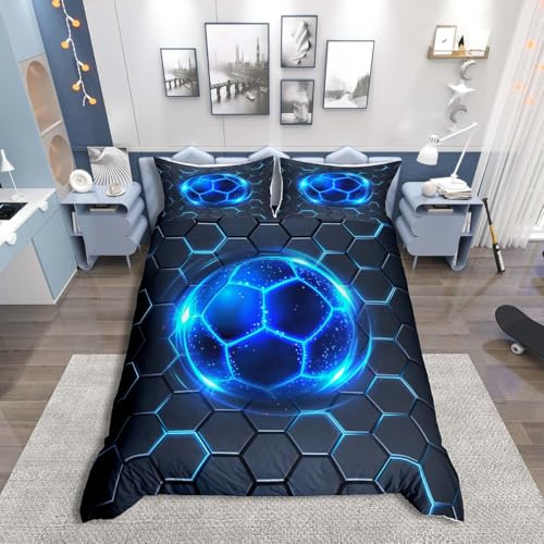 Loussiesd Blue Neon Football Duvet Cover Set Super King Size For Kids Boys Teens Geometric Honeycomb Bedding Set Soccer Ball Games Comforter Cover with 2 Pillowcases Hexagonal Bed Set