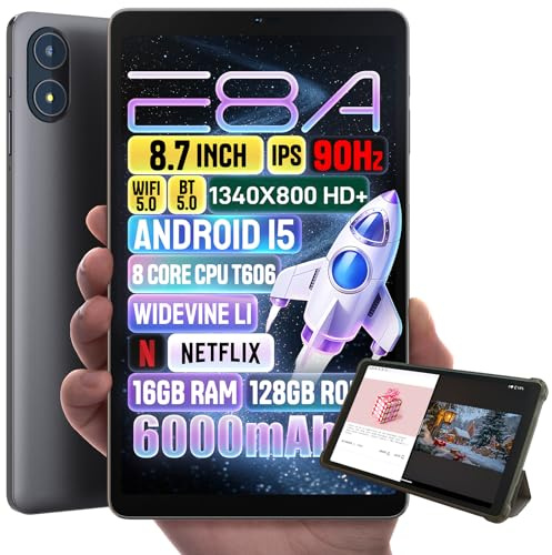 Zuleisy Android 15 Tablet 8.7 pulgadas, Octa Core, 12 GB de RAM, 128 GB UFS ROM, visualización IPS de 8.7 pulgadas, cámara dual de 5 MP+8 MP, tipo C, con conector para auriculares, delgado y ligero