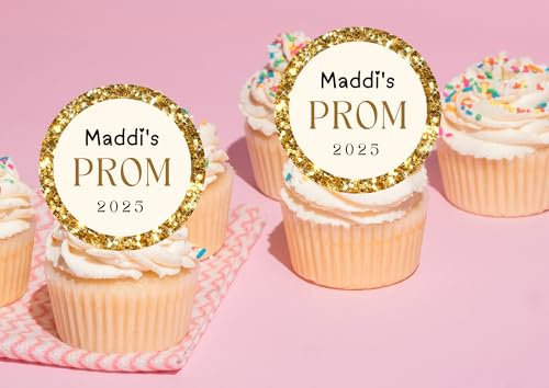 edible personalised 20 x PROM class of 2025 cupcake toppers UNCUT wafer/icing - v3 (wafer paper, Gold)