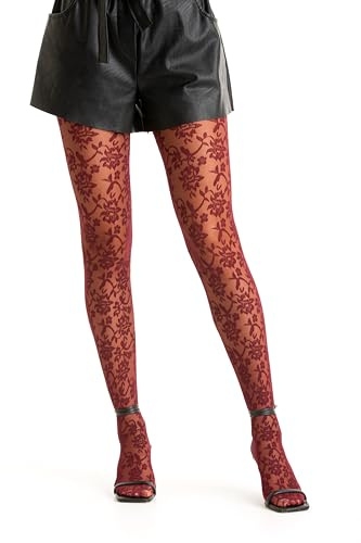 Gi&Gi Collants Femme 40 deniers Dentelle Florale, Motif Rose, Plusieurs Couleurs (FR/ES, Alpha/lettres, L, TG, Taille normale, Taille normale, Bordeaux)