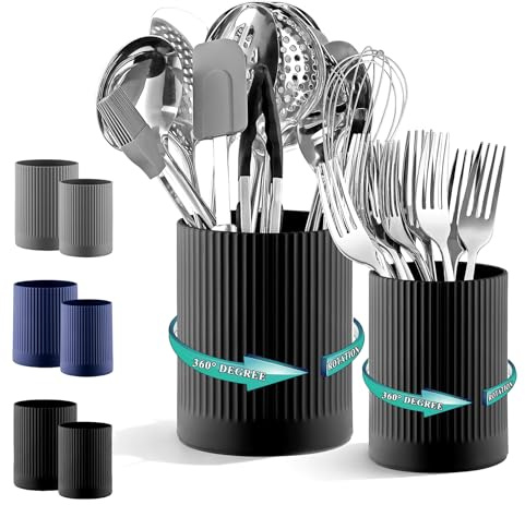Kyraton Set de 2 Porta Utensilios de Cocina, Rotativo 360° Extragrande en Plástico para Encimera + Pequeño Recipiente para Cubiertos, Cepillos de Dientes, Plumas y Lápices de Oficina​.