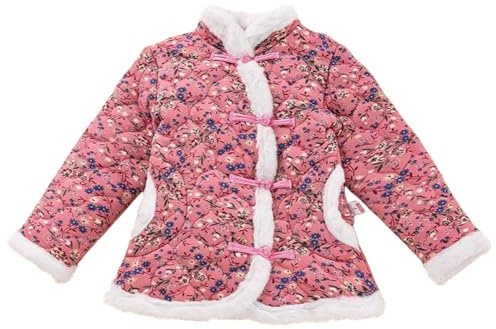 Chaqueta de Año Nuevo chino para niñas, abrigo floral estilo Quongsam, botones de rana, cuello mandarín acolchado, abrigo de invierno cálido para festivales y fiestas, rosa, 9-10 años